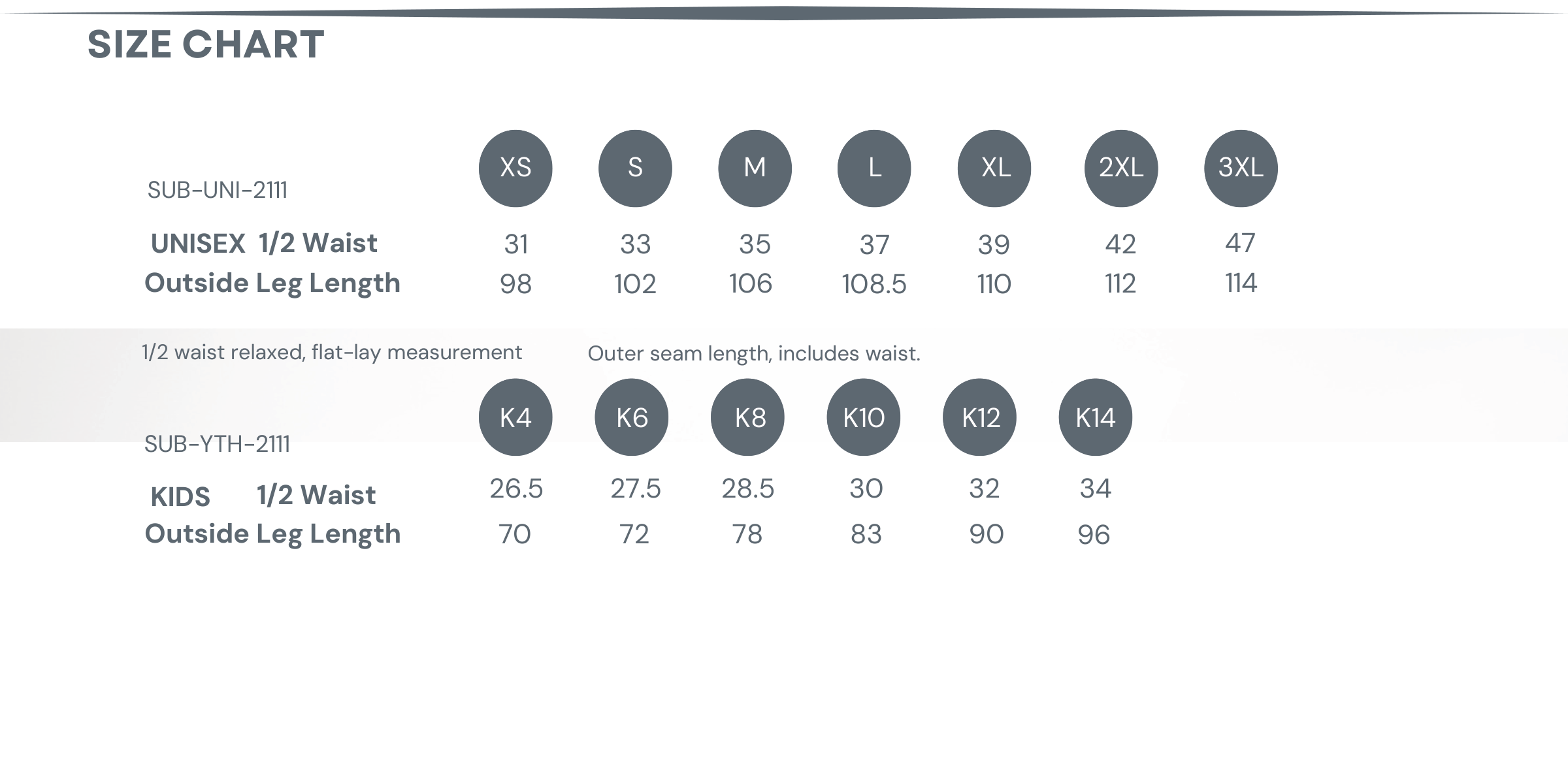 Sublimated Zip-Off Track Pants Size Chart